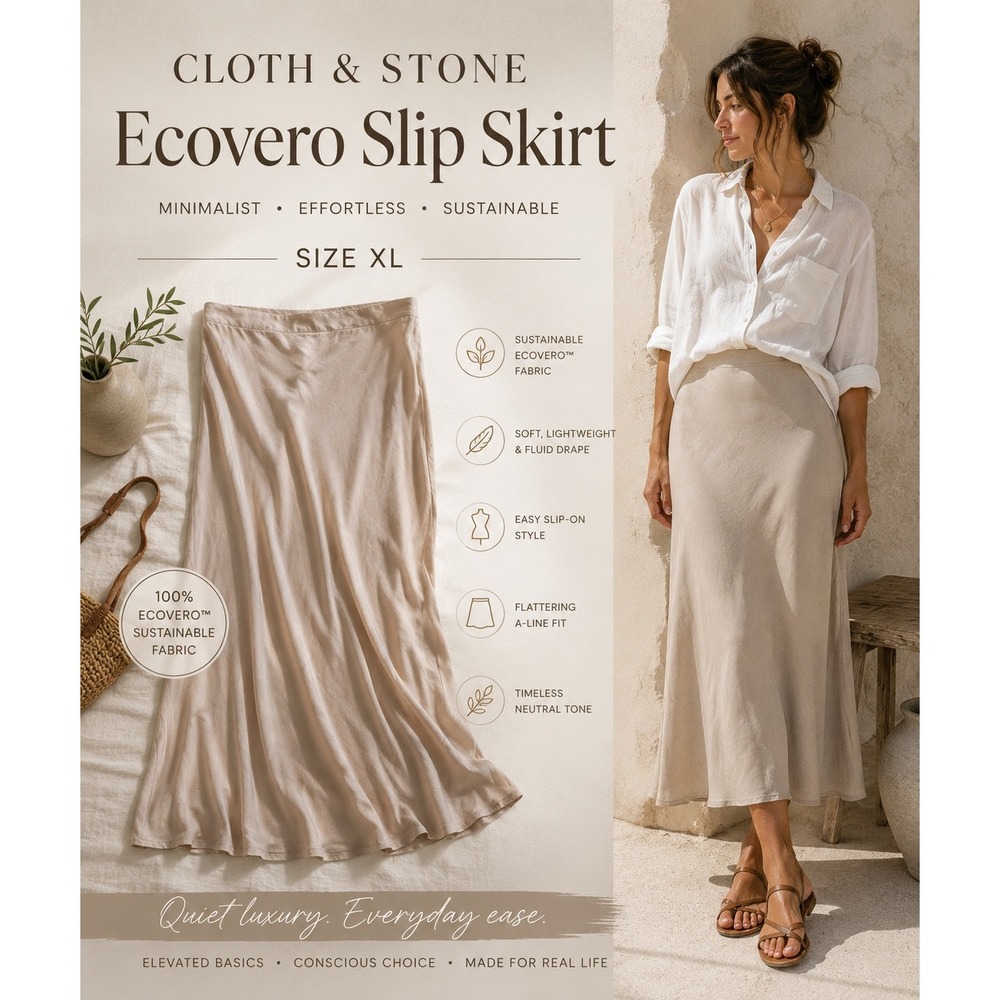 Cloth & Stone Oat Slip Midi Skirt XL Ecovero Minimalist A-Line